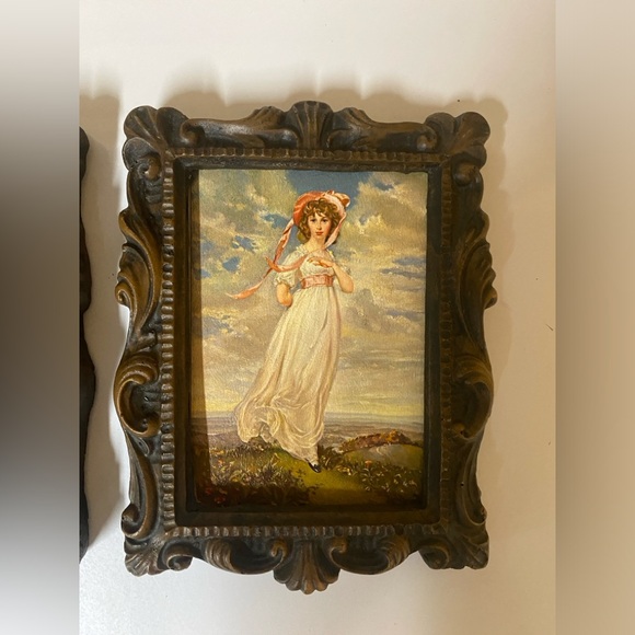 Vintage pair of wall art: blue boy and pinkie lady. Wooden frames 9x7” - Picture 3 of 6